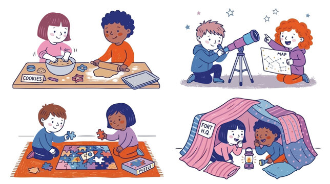 A four-panel illustration shows diverse children engaging in fun activities including baking cookies, stargazing with a telescope, solving a puzzle, and playing in a blanket fort