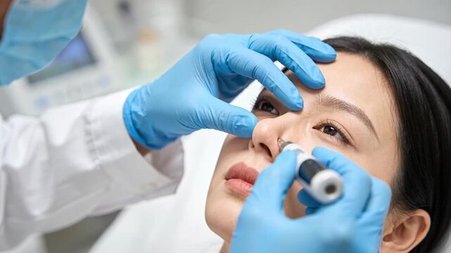 Bringing handheld device clinician in white coat doing nasal treatment in clinic with blue gloves