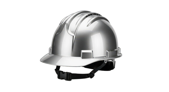 Shiny metallic silver construction hard hat safety helmet for industrial work and building site use isolated on transparent background
