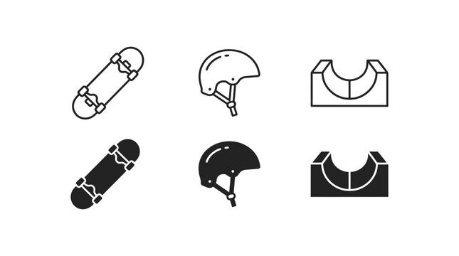 Skateboarding equipment icons set with skateboard protective helmet and skate halfpipe ramp in vector style, skateboard