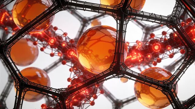 Shifting camera unveiling dark lattice in white field, highlighting orange spheres and red chains