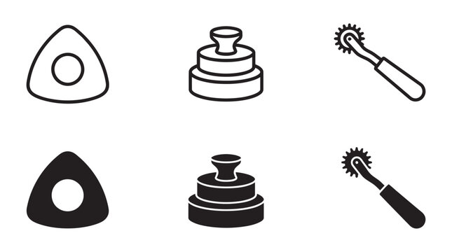 Set of sewing and quilting tools icons featuring pattern wheel and tailor chalk quilting equipment needlework