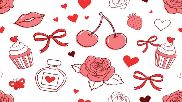 Valentine seamless pattern featuring doodle illustrations of roses cherries cupcakes perfume bottles and red hearts