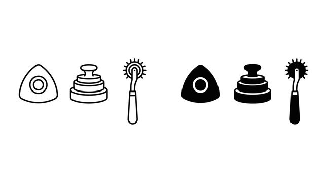 Collection of sewing accessory icons including pattern wheel and tailor chalk with equipment quilting needlework