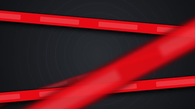 Abstract warning background animation featuring red alert danger tapes sliding over a dark grey backdrop with subtle circular lines, creating a dramatic loop template with copy space