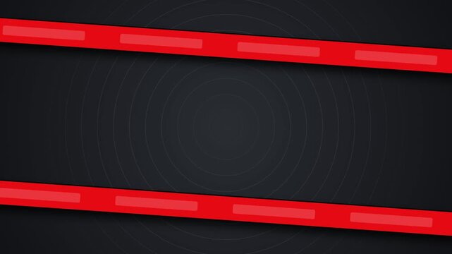 Abstract background animation featuring parallel red alert danger tapes sliding on the top and bottom borders over a dark grey backdrop, creating a modern frame template with copy space