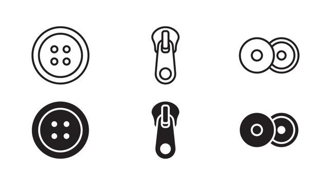 Clothing tailoring accessory icons featuring button zipper and fabric pattern swatch tailoring clothing accessory