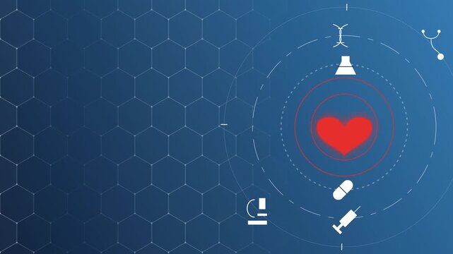 Medical background animation featuring a red heart shape surrounded by rotating white medical icons over a clean blue hexagon grid, perfect healthcare presentation template with copy space