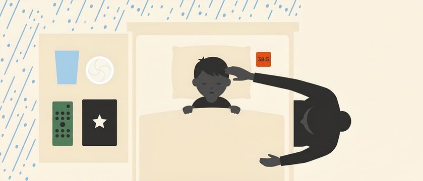 Worried parent checking sick child&rsquo;s temperature at home: boy in bed with fever 38.5&deg;C, rainy weather outside, bedside table with glass of water, plate, remote and book, flat vector illustration