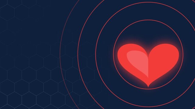 Medical background animation featuring a red heart shape surrounded by rotating white medical icons over a clean blue hexagon grid, perfect healthcare presentation template with copy space