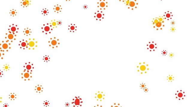 Minimalist background animation featuring red, orange, and yellow virus cells swirling around a central circular copy space on a white backdrop, perfect medical or summer loop template