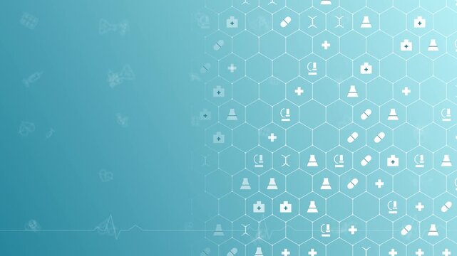 Medical background animation featuring a turquoise tech honeycomb hexagon grid filled with white healthcare icons, creating a clean presentation template with left side copy space