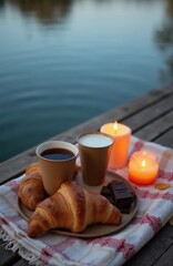 Fototapeta premium Couple enjoys breakfast picnic on wooden pier by lake. Croissants coffee chocolate and candles create romantic autumn mood. Peaceful water backdrop.