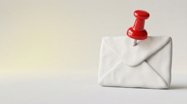 white envelope is standing upright with a glossy red pushpin inserted into its top edge