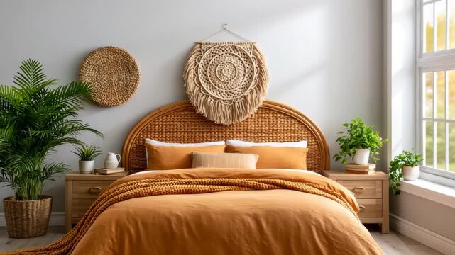 Boho retro bedroom with rattan headboard and macrame