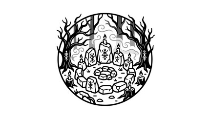 Obraz premium Mystical Ritual Circle with Rune Stones and Candles in Forest.