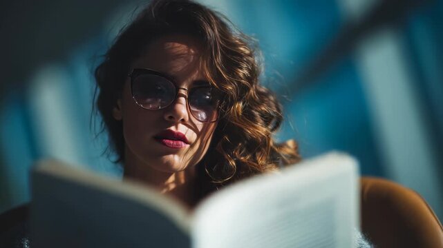 A fashionable woman with curly hair and sunglasses enjoys reading a book in a sunlit room. The image captures a serene moment of concentration, blending style and intellect effortlessly