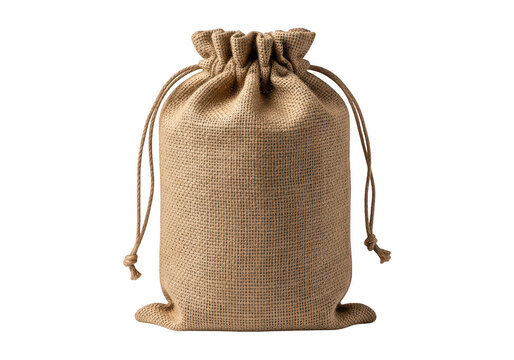 Small burlap sack with a drawstring cord made of natural rustic brown jute fabric for storage isolated on transparent background