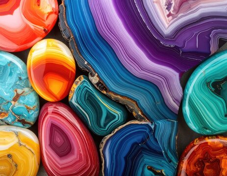 Vibrant, layered stones in swirling, organic patterns and rich, colorful hues