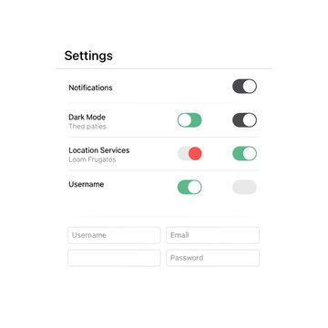 Settings panel, user interface elements, toggle switches, mobile app settings, dark mode, location services, username, password fields, vector UI components