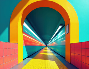 Fototapeta premium Vibrant subway tunnel with streaks of light showing fast train movement. Colorful geometric design features teal walls orange arch yellow platform and red tiles.