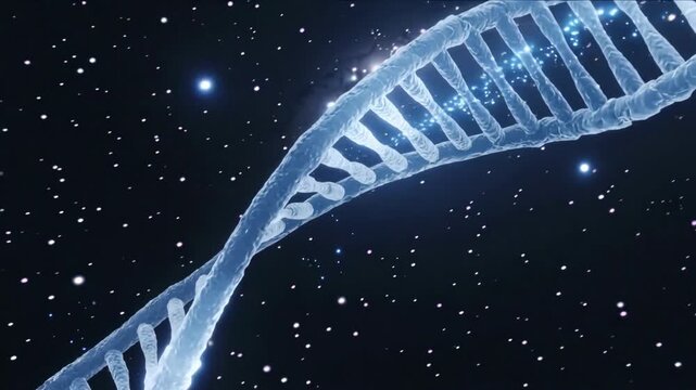 Rotating DNA double helix in deep space. Glowing blue energy particles spiraling along genetic strand representing biotechnology and cosmic origin of life