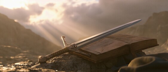 Obraz premium Bible and Sword Representing Faith, Strength and Protection