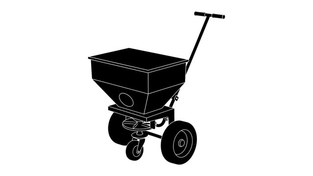 Spreader Machine Outline: A stylized black and white outline drawing of a garden spreader machine with a handle and two large wheels, ready for use.