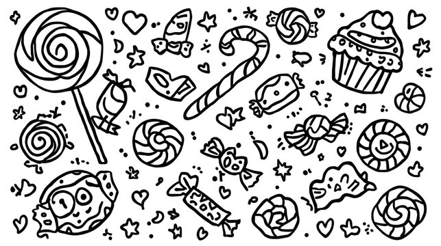 Cute Hand-Drawn Candy Doodles: Sweet Treats & Dessert Outline Art