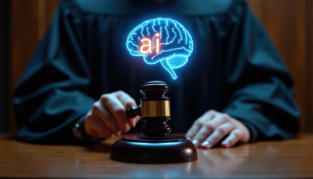 Judge in black robe holds gavel near glowing AI brain hologram. Digital mind concept for legal tech and justice system. Future of law with artificial intelligence.