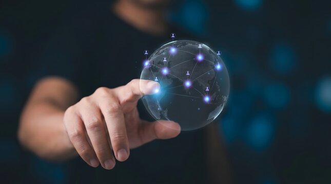 Hands cupping a digital world map hologram with red warning triangles representing global alerts.