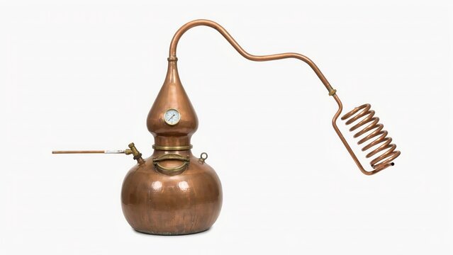 Copper alembic still with swan neck and condenser coil isolated on white background