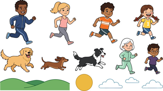 Diverse People and Dogs Running Vector Character Set with Active Happy Men, Women, Kids, and Pets for Healthy Lifestyle, Sport, and Park Landscape Designs