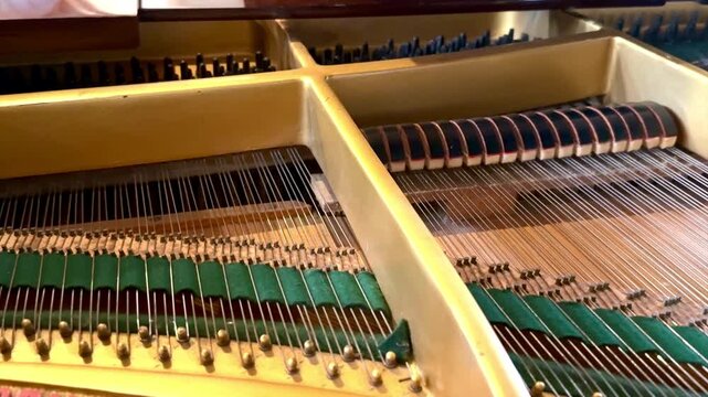 view of grand piano soundboard interior with strings and hammers in action