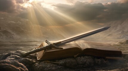 Obraz premium Bible and Sword Representing Faith, Strength and Protection