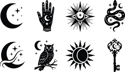 Obraz premium Collection of mystical and esoteric silhouettes featuring crescent moons stars palmistry hand starburst eye coiled snake owl on branch sun eclipse and ornate vintage key