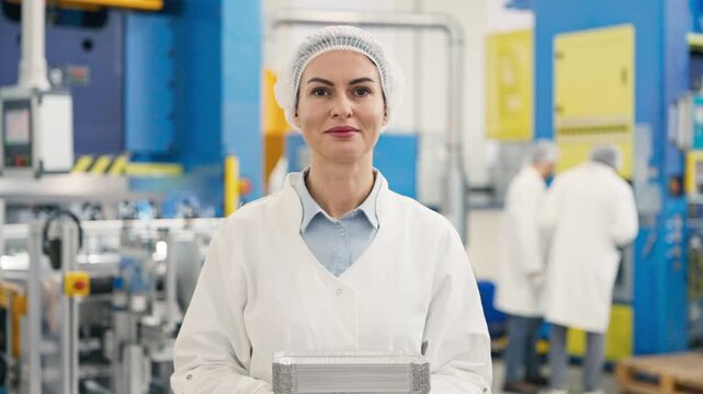 Portrait of Caucasian female factory manager wearing lab coat and hairnet proudly holding stack of aluminum containers. Standing in front of industrial machinery.