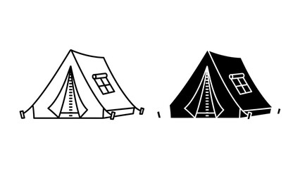 Camping Tent Icon: A simple and versatile graphic representation of a camping tent, available in both line art and silhouette styles, perfect for outdoor adventure themes. © mojahedh