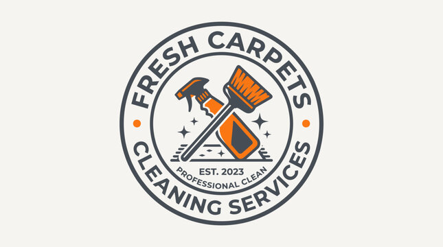 Professional carpet cleaning service logo design, featuring a spray bottle and broom, elegantly arranged to represent a fresh and clean home environment with trusted expertise