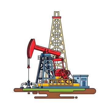 Vector illustration of an oil well pump jack and drilling rig extraction equipment on a white background