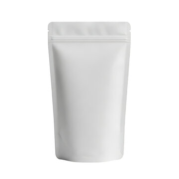 White stand-up pouch mockup, blank flexible plastic food packaging, matte doy-pack bag for coffee or snacks, isolated product container on white background