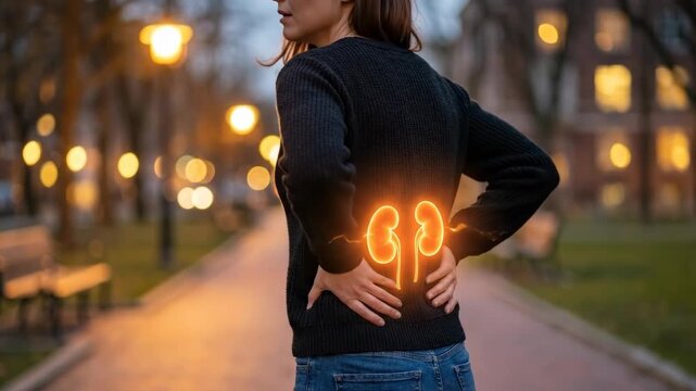 Woman physical suffering: kidney disease, painful symptom, renal problem, body discomfort, urinary system, health challenge, medical condition, organ malfunction.