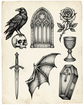 Dark raven and skull gothic tattoo flash.