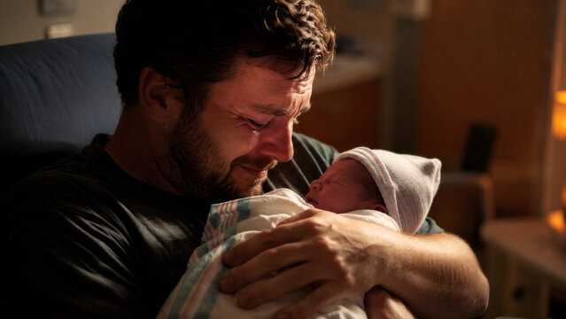 A father with tears of joy cradles his newborn baby wrapped in a blanket in a hospital room. New life and parental love.