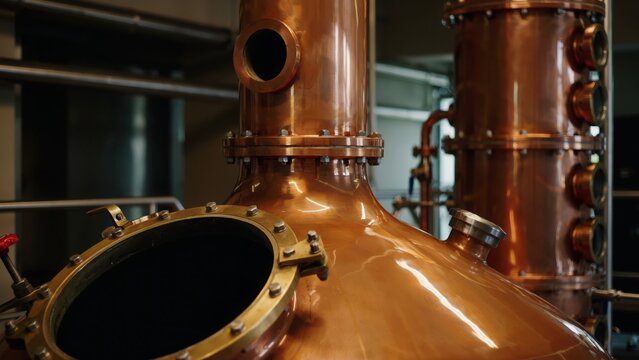 Close-up of polished copper pot stills in a modern distillery for liquor production