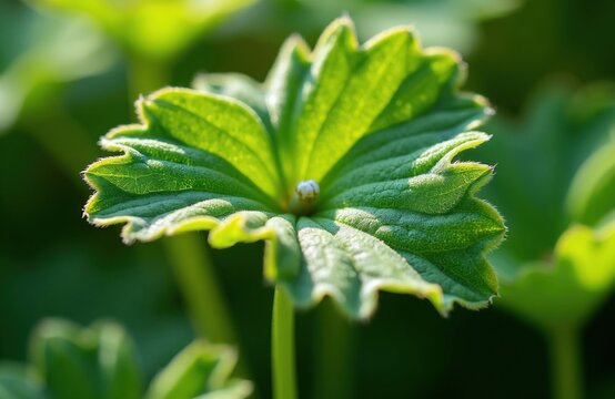 Close-up green leaf with serrated edge and visible veins, backlit by soft sunlight. Shallow depth of field blurs background foliage. Useful for nature, garden, botany, and health themes.