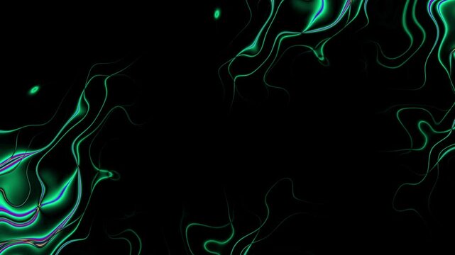 Vibrant green neon-like swirling patterns illuminate against a dark background.