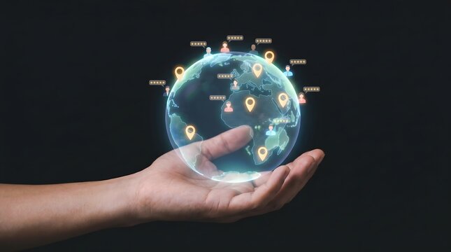 Hand supporting a glowing digital globe with connected user profiles and star ratings representing global customer satisfaction.