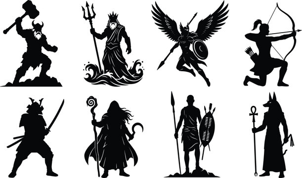 PrintCollection of mythological warrior and deity silhouettes including thor poseidon valkyrie amazon archer samurai druid zulu warrior and anubis