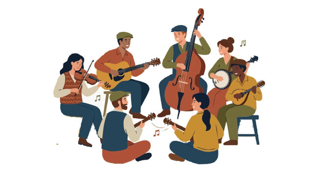 2d FLAT MINIMALISM Diverse group of musicians playing folk instruments in a circle PNG Isolated on transparent background vector